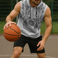 Philippines Barong Style Sleeveless Hoodie with Polynesian Art and Leaf Motif Black-White Color LT03 - Polynesian Pride