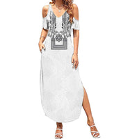 Philippines Barong Style Summer Maxi Dress with Polynesian Art and Leaf Motif Black-White Color LT03 Women White - Polynesian Pride