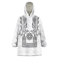 Philippines Barong Style Wearable Blanket Hoodie with Polynesian Art and Leaf Motif Black-White Color LT03 One Size White - Polynesian Pride