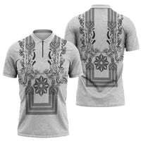 Philippines Barong Style Zipper Polo Shirt with Polynesian Art and Leaf Motif Black-White Color