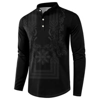 Philippines Barong Style Button Sweatshirt with Polynesian Art and Leaf Motif Black Color LT03 - Polynesian Pride