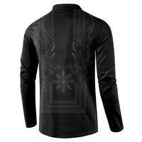 Philippines Barong Style Button Sweatshirt with Polynesian Art and Leaf Motif Black Color LT03 - Polynesian Pride