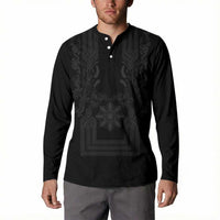 Philippines Barong Style Button Sweatshirt with Polynesian Art and Leaf Motif Black Color LT03 - Polynesian Pride