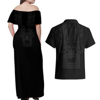 Philippines Barong Style Couples Matching Off Shoulder Maxi Dress and Hawaiian Shirt with Polynesian Art and Leaf Motif Black Color