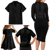 Philippines Barong Style Family Matching Long Sleeve Bodycon Dress and Hawaiian Shirt with Polynesian Art and Leaf Motif Black Color