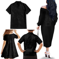 Philippines Barong Style Family Matching Off The Shoulder Long Sleeve Dress and Hawaiian Shirt with Polynesian Art and Leaf Motif Black Color