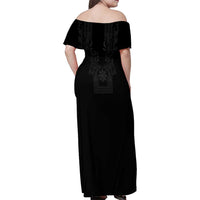 Philippines Barong Style Family Matching Off Shoulder Maxi Dress and Hawaiian Shirt with Polynesian Art and Leaf Motif Black Color