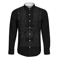 Philippines Barong Style Family Matching Short Sleeve Bodycon Dress and Hawaiian Shirt with Polynesian Art and Leaf Motif Black Color