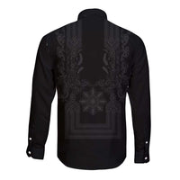 Philippines Barong Style Long Sleeve Button Shirt with Polynesian Art and Leaf Motif Black Color LT03 - Polynesian Pride