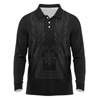 Philippines Barong Style Long Sleeve Polo Shirt with Polynesian Art and Leaf Motif Black Color LT03 Black - Polynesian Pride