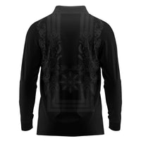 Philippines Barong Style Long Sleeve Polo Shirt with Polynesian Art and Leaf Motif Black Color LT03 - Polynesian Pride