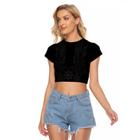 Philippines Barong Style Raglan Cropped T Shirt with Polynesian Art and Leaf Motif Black Color LT03 Female Black - Polynesian Pride