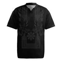 Philippines Barong Style Rugby Jersey with Polynesian Art and Leaf Motif Black Color LT03 Black - Polynesian Pride