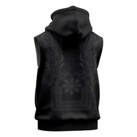 Philippines Barong Style Sleeveless Zip Hoodie with Polynesian Art and Leaf Motif Black Color