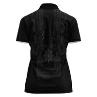 Philippines Barong Style Women Polo Shirt with Polynesian Art and Leaf Motif Black Color LT03 - Polynesian Pride