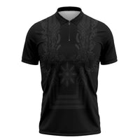 Philippines Barong Style Zipper Polo Shirt with Polynesian Art and Leaf Motif Black Color LT03 Black - Polynesian Pride