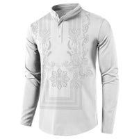 Philippines Barong Style Button Sweatshirt with Polynesian Art and Leaf Motif White Color LT03 - Polynesian Pride