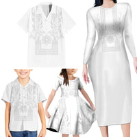 Philippines Barong Style Family Matching Long Sleeve Bodycon Dress and Hawaiian Shirt with Polynesian Art and Leaf Motif White Color