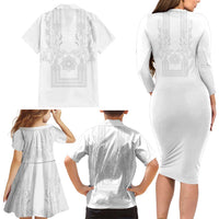 Philippines Barong Style Family Matching Long Sleeve Bodycon Dress and Hawaiian Shirt with Polynesian Art and Leaf Motif White Color
