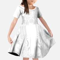 Philippines Barong Style Family Matching Off The Shoulder Long Sleeve Dress and Hawaiian Shirt with Polynesian Art and Leaf Motif White Color