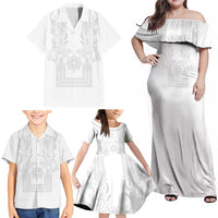 Philippines Barong Style Family Matching Off Shoulder Maxi Dress and Hawaiian Shirt with Polynesian Art and Leaf Motif White Color
