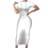 Philippines Barong Style Family Matching Short Sleeve Bodycon Dress and Hawaiian Shirt with Polynesian Art and Leaf Motif White Color