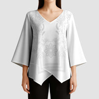 Philippines Barong Style Kimono Sleeve Blouse with Polynesian Art and Leaf Motif White Color LT03 - Polynesian Pride