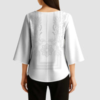 Philippines Barong Style Kimono Sleeve Blouse with Polynesian Art and Leaf Motif White Color LT03 - Polynesian Pride