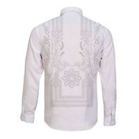 Philippines Barong Style Long Sleeve Button Shirt with Polynesian Art and Leaf Motif White Color LT03 - Polynesian Pride