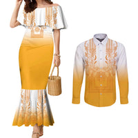 Philippines Barong Style Couples Matching Mermaid Dress and Long Sleeve Button Shirt with Polynesian Art and Leaf Motif Yellow Color