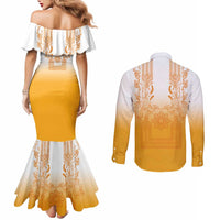 Philippines Barong Style Couples Matching Mermaid Dress and Long Sleeve Button Shirt with Polynesian Art and Leaf Motif Yellow Color