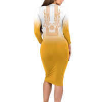 Philippines Barong Style Family Matching Long Sleeve Bodycon Dress and Hawaiian Shirt with Polynesian Art and Leaf Motif Yellow Color