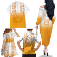 Philippines Barong Style Family Matching Off The Shoulder Long Sleeve Dress and Hawaiian Shirt with Polynesian Art and Leaf Motif Yellow Color