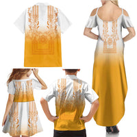 Philippines Barong Style Family Matching Summer Maxi Dress and Hawaiian Shirt with Polynesian Art and Leaf Motif Yellow Color