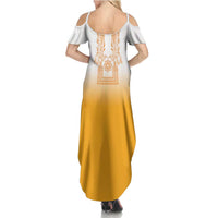 Philippines Barong Style Family Matching Summer Maxi Dress and Hawaiian Shirt with Polynesian Art and Leaf Motif Yellow Color