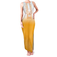 Philippines Barong Style Family Matching Tank Maxi Dress and Hawaiian Shirt with Polynesian Art and Leaf Motif Yellow Color