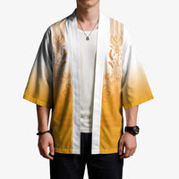 Philippines Barong Style Kimono with Polynesian Art and Leaf Motif Yellow Color