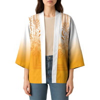 Philippines Barong Style Kimono with Polynesian Art and Leaf Motif Yellow Color