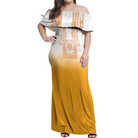 Philippines Barong Style Off Shoulder Maxi Dress with Polynesian Art and Leaf Motif Yellow Color LT03 Women Yellow - Polynesian Pride