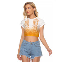 Philippines Barong Style Raglan Cropped T Shirt with Polynesian Art and Leaf Motif Yellow Color LT03 Female Yellow - Polynesian Pride