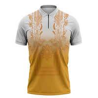 Philippines Barong Style Zipper Polo Shirt with Polynesian Art and Leaf Motif Yellow Color