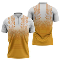 Philippines Barong Style Zipper Polo Shirt with Polynesian Art and Leaf Motif Yellow Color
