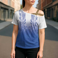 Philippines Barong Style Cross Shoulder Shirt with Polynesian Art and Leaf Motif Blue Color LT03 - Polynesian Pride
