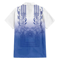 Philippines Barong Style Family Matching Long Sleeve Bodycon Dress and Hawaiian Shirt with Polynesian Art and Leaf Motif Blue Color