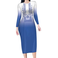 Philippines Barong Style Family Matching Long Sleeve Bodycon Dress and Hawaiian Shirt with Polynesian Art and Leaf Motif Blue Color