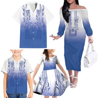Philippines Barong Style Family Matching Off The Shoulder Long Sleeve Dress and Hawaiian Shirt with Polynesian Art and Leaf Motif Blue Color