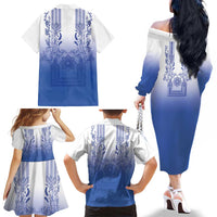 Philippines Barong Style Family Matching Off The Shoulder Long Sleeve Dress and Hawaiian Shirt with Polynesian Art and Leaf Motif Blue Color