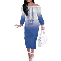 Philippines Barong Style Family Matching Off The Shoulder Long Sleeve Dress and Hawaiian Shirt with Polynesian Art and Leaf Motif Blue Color