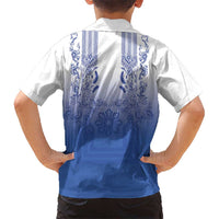 Philippines Barong Style Family Matching Tank Maxi Dress and Hawaiian Shirt with Polynesian Art and Leaf Motif Blue Color