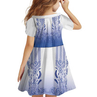 Philippines Barong Style Family Matching Tank Maxi Dress and Hawaiian Shirt with Polynesian Art and Leaf Motif Blue Color
